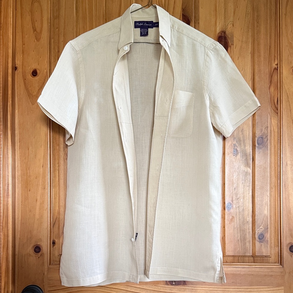 Ralph Lauren Linen Men's Tan Short Sleeve Button Down Purple Label